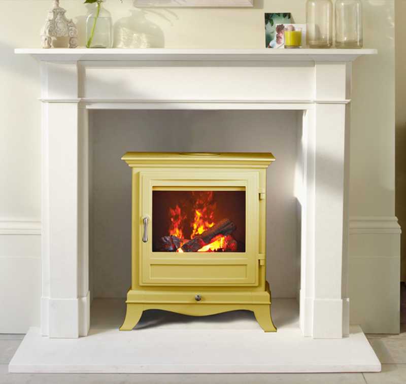 chesneys yellow gas stoves with modern fireplace surround
